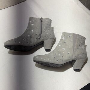 Joan Boyce Light Gray Suede Ankle Boots with Crystal Flower Studs